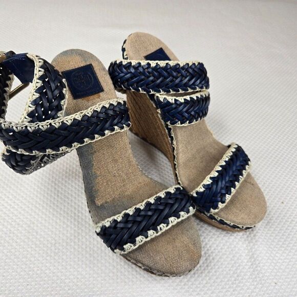 Tory Burch Lilah Wedge Espadrille Sandals Size 37.5 Us 7 Blue White - Picture 7 of 9